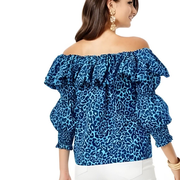Lilly Pulitzer Beatrix Off-the Shoulder Top in Oyster Bay Navy Leopard XXS - Picture 2 of 2